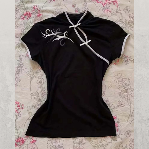 Siyah Çin Yakalı Floral Motifli Beyaz Şeritli Vintage Y2K Kısa Kollu Crop Siyah - XS