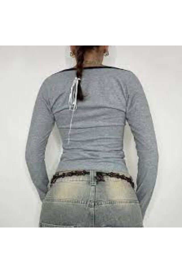 Gri Melanj AOMR Siyah Geniş Yaka Y2K Uzun Kollu Crop Gri - XS