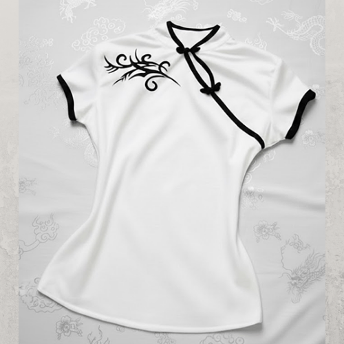 Siyah Çin Yakalı Floral Motifli Beyaz Şeritli Vintage Y2K Kısa Kollu Crop Beyaz - S