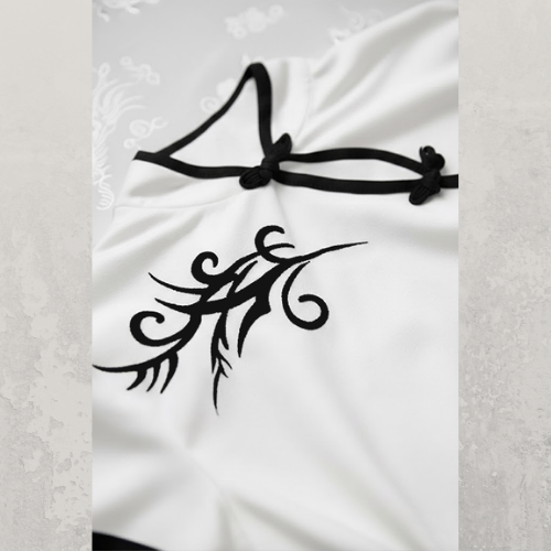 Siyah Çin Yakalı Floral Motifli Beyaz Şeritli Vintage Y2K Kısa Kollu Crop Beyaz - S