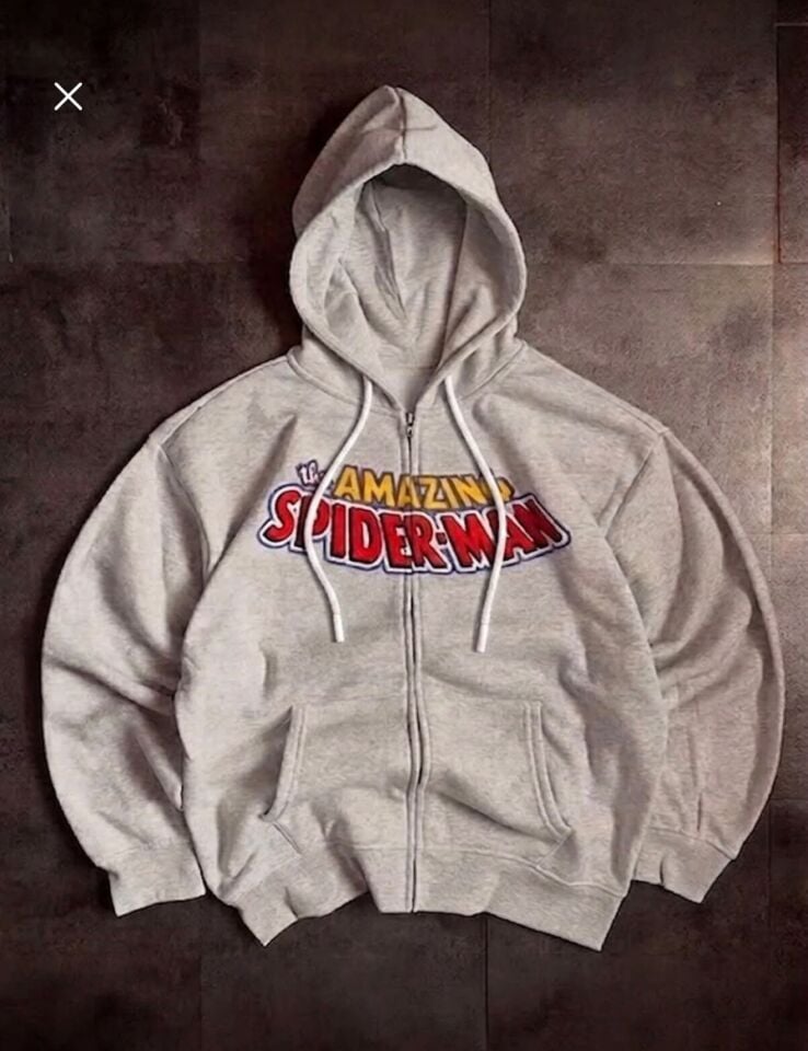 Gri melanj Amazing Spider Cartoon Sırt Baskılı Unisex Hırka