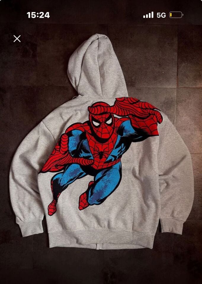 Gri melanj Amazing Spider Cartoon Sırt Baskılı Unisex Hırka