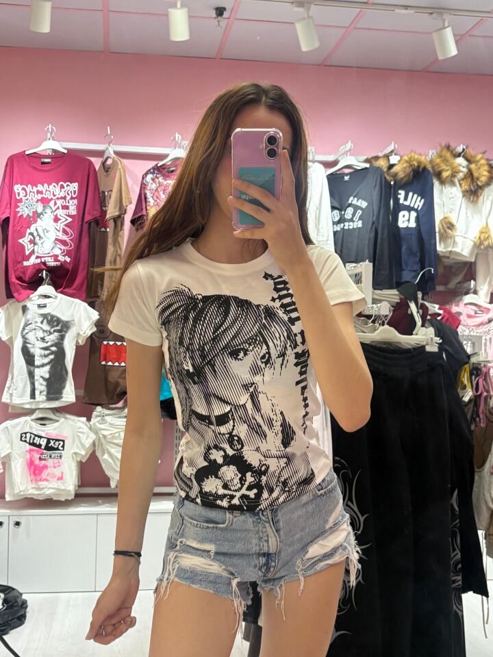 Beyaz Vintage Anime Misa Amane Saint Gotik Y2K Kısa Kollu Crop