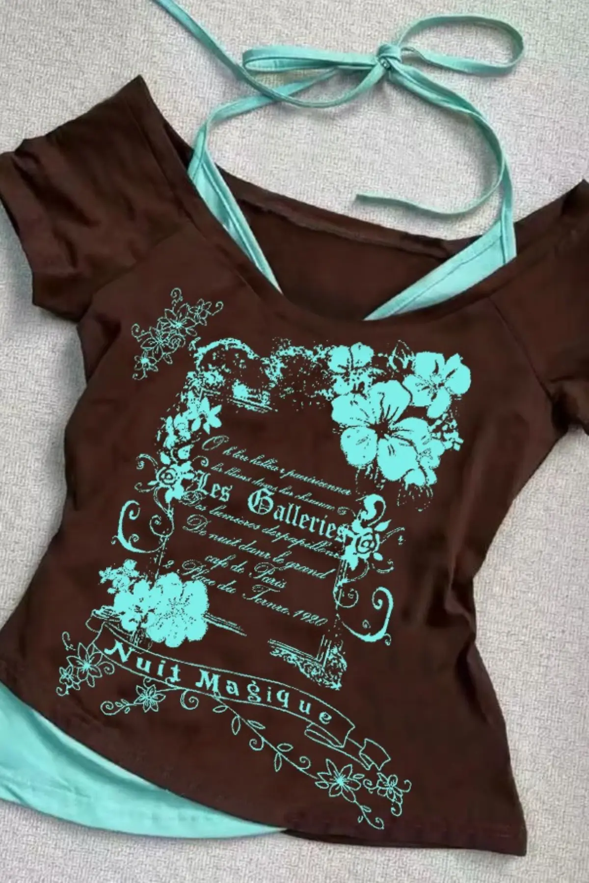 Kahverengi Nuit Magique Madonna Yaka Ek Askılı Gotik Y2K Kısa Kollu Full Body Crop