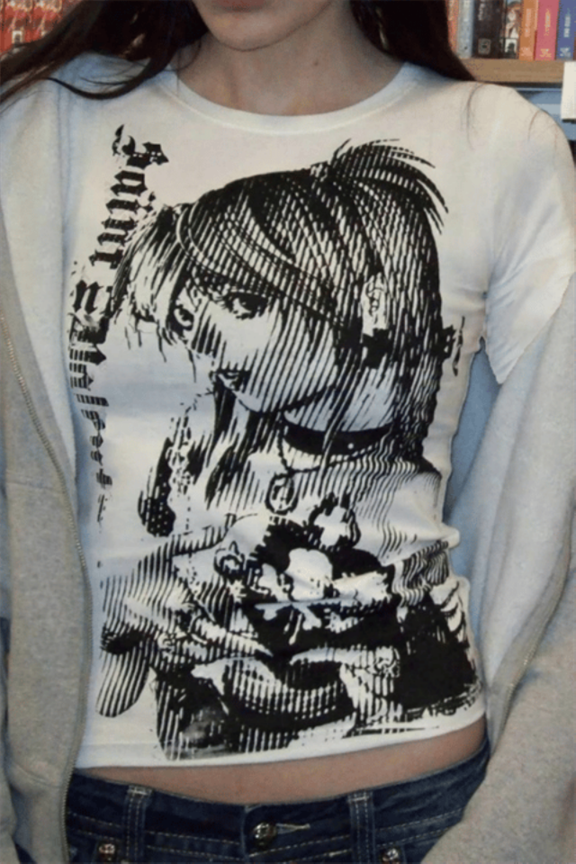 Beyaz Vintage Anime Misa Amane Saint Gotik Y2K Uzun Kollu Crop