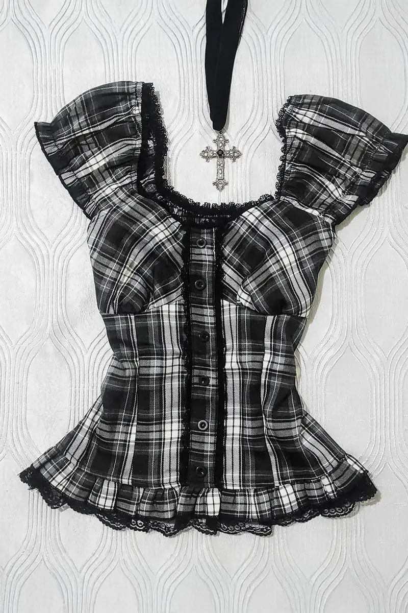 Siyah Beyaz Ekoseli Vintage Dantelli Kare Yaka Y2K Kısa Kollu Crop Bluz