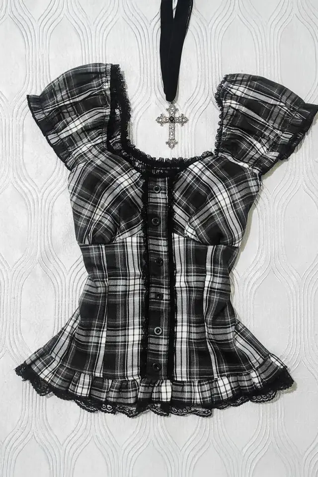 Siyah Beyaz Ekoseli Vintage Dantelli Kare Yaka Y2K Kısa Kollu Crop Bluz