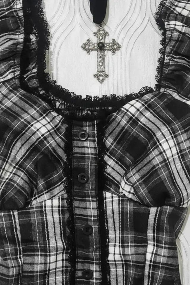 Siyah Beyaz Ekoseli Vintage Dantelli Kare Yaka Y2K Kısa Kollu Crop Bluz