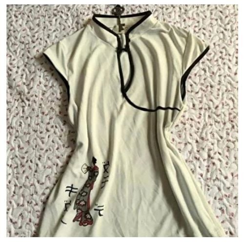 Bej Mandarin Yaka Vintage Geisha Baskılı Y2K Kısa Kollu Crop