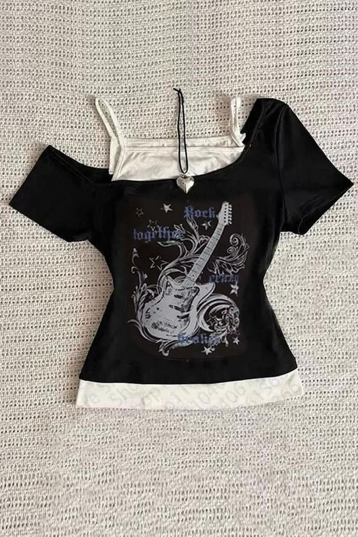 Gothic Guitar Madonna Yaka Ek Askılı Kısa Kollu Full Body SİYAH - S