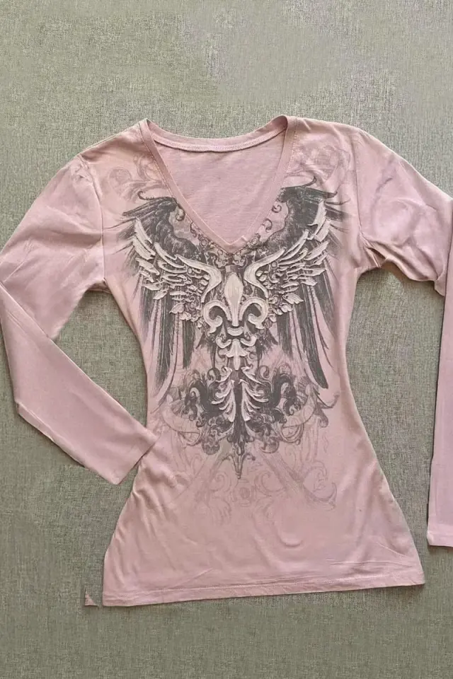 Pembe Gothic Wing Y2K Uzun Kollu Crop Bluz
