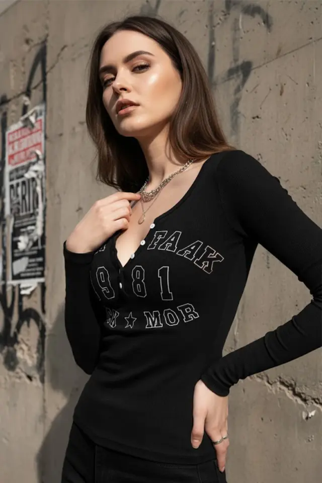 Vintage Siyah Waat Faak Rock More Uzun Kollu Crop Bluz