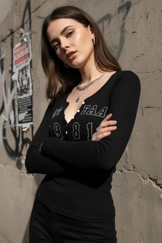 Vintage Siyah Waat Faak Rock More Uzun Kollu Crop Bluz