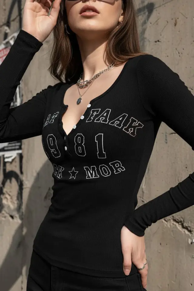 Vintage Siyah Waat Faak Rock More Uzun Kollu Crop Bluz