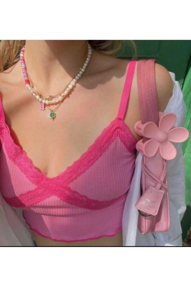Pinterest Askılı Crop Top Pembe - XS