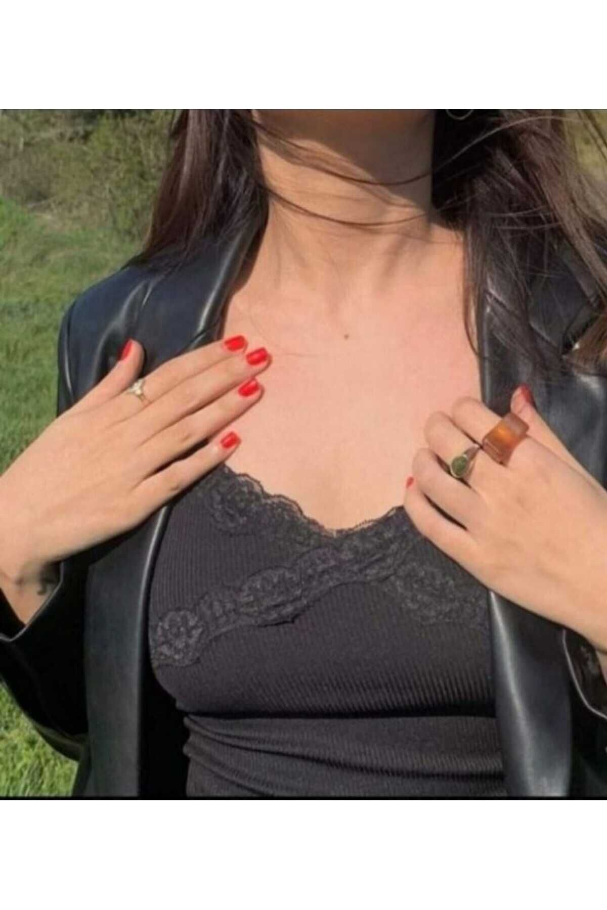 Pinterest Askılı Crop Top Siyah - 2XL
