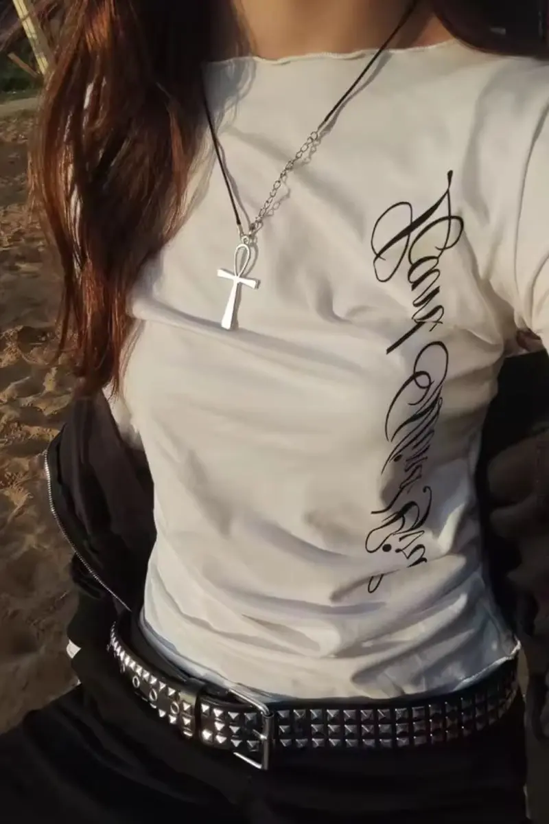 Angel Sırt Baskılı Grunge Uzun Kollu crop