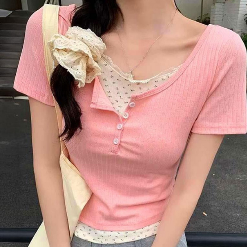 Çiçekli Ek Parçalı İç Bodyli Basic Kısa Kollu Pinterest Bluz Pembe - M