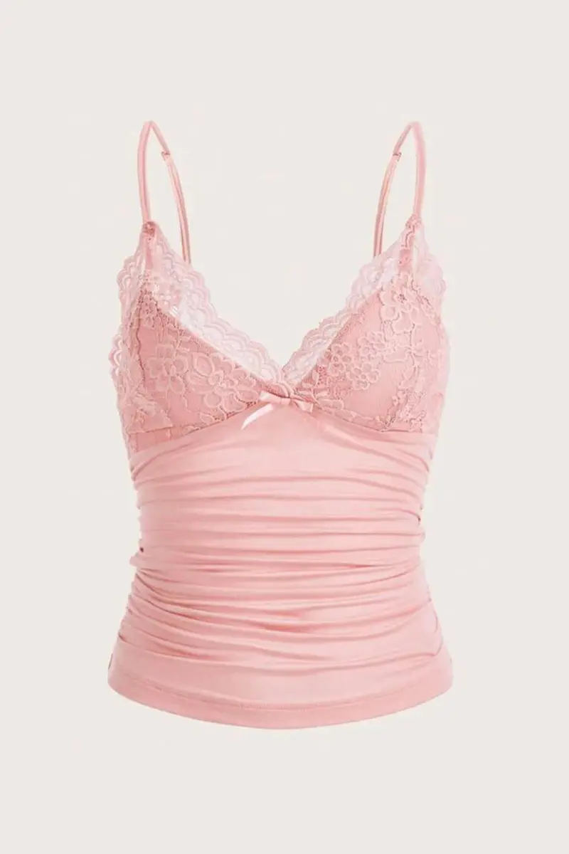Pembe Dantel Detaylı Fiyonklu Y2K Askılı Crop