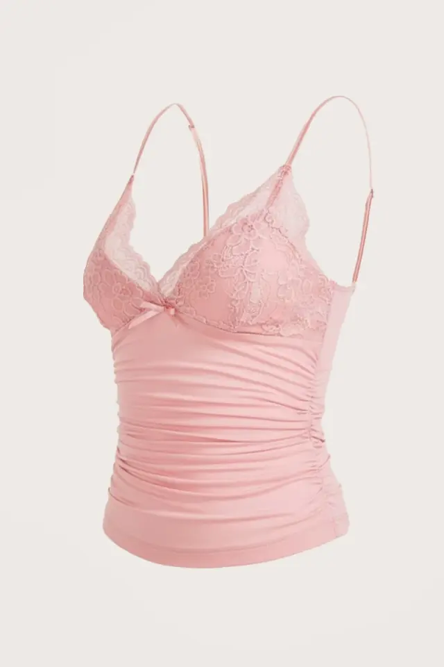 Pembe Dantel Detaylı Fiyonklu Y2K Askılı Crop