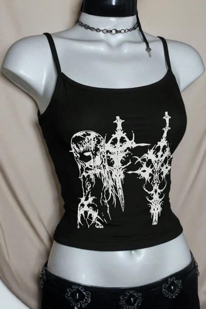 Siyah Anime Sword Gotik Y2K Askılı Crop