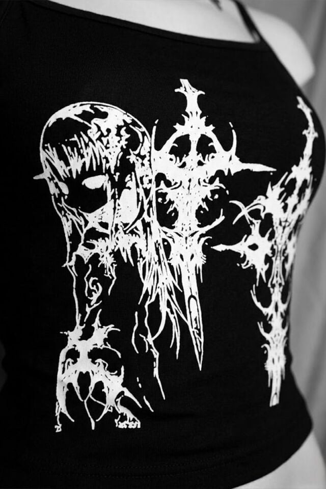 Siyah Anime Sword Gotik Y2K Askılı Crop