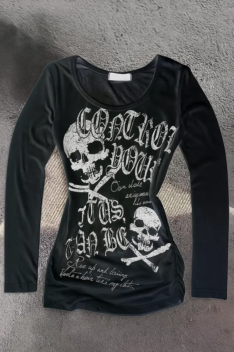 Siyah Gotik Skulls Control Geniş Yaka Y2K Uzun Kollu Crop