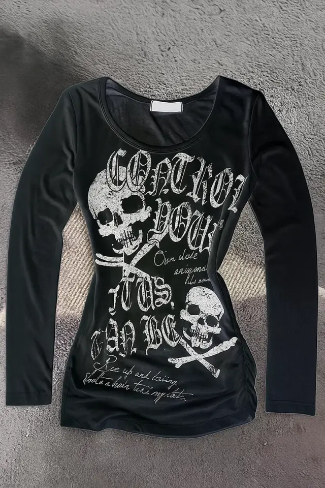 Siyah Gotik Skulls Control Geniş Yaka Y2K Uzun Kollu Crop