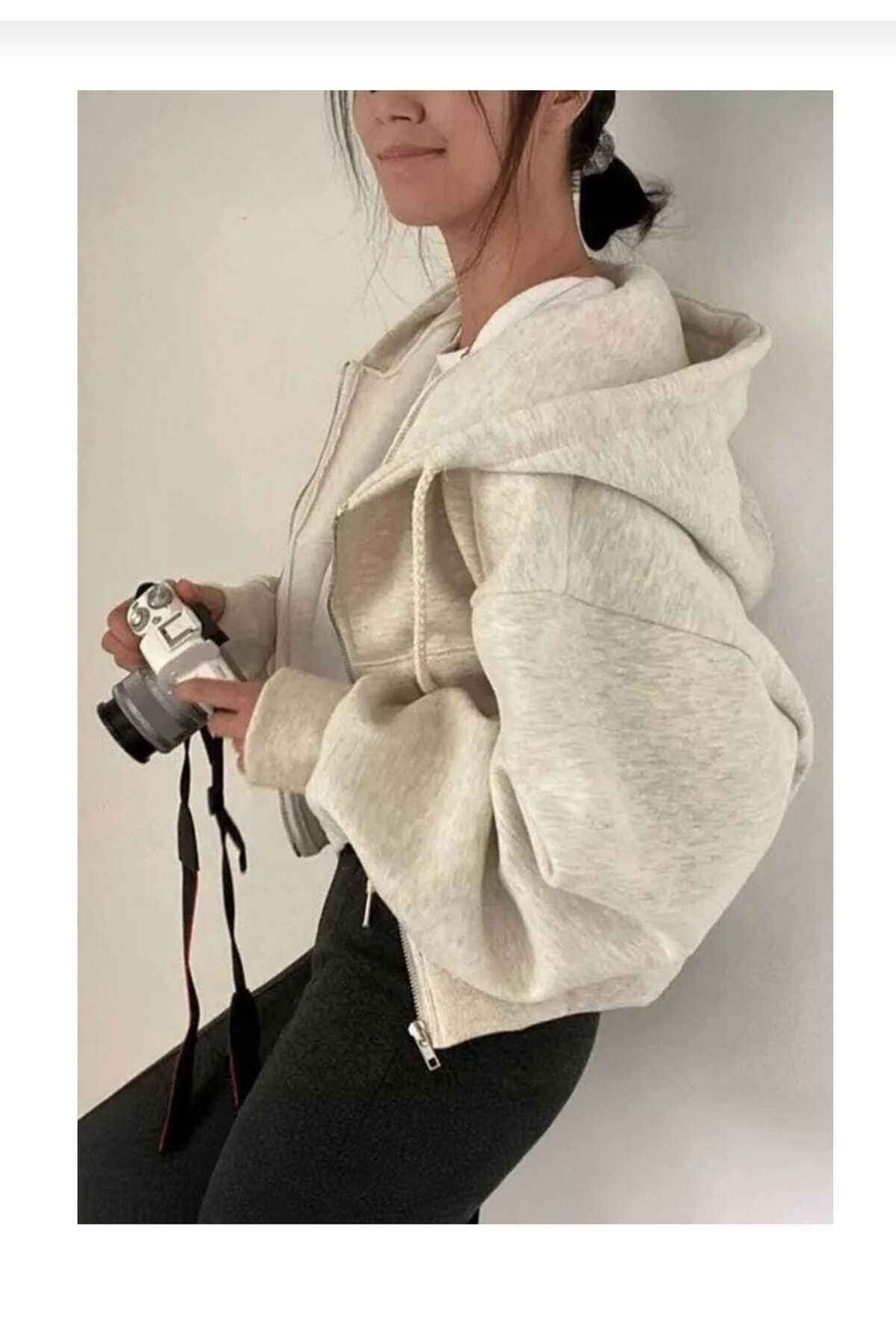 Crop Top Kalın Kumaş Kapüşonlu Crop Hırka Gri - XS