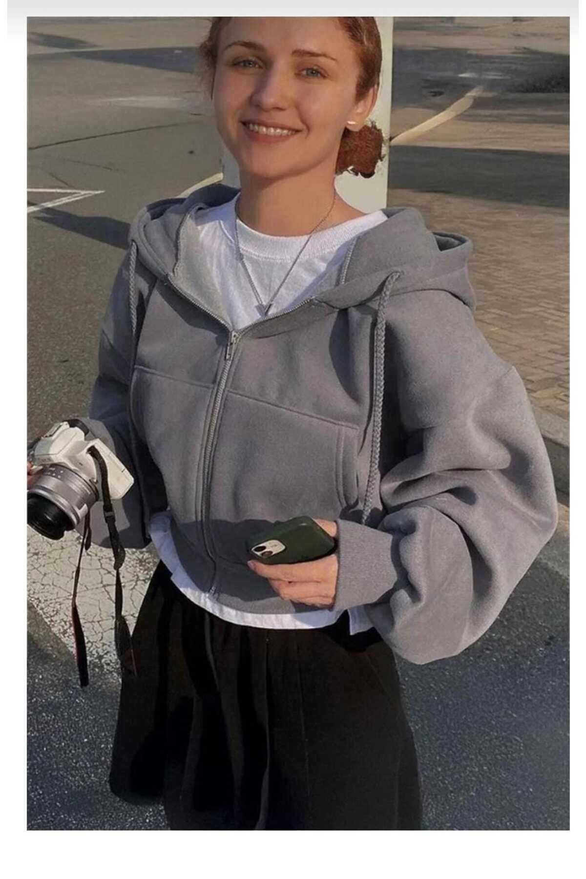 Crop Top Kalın Kumaş Kapüşonlu Crop Hırka füme - M