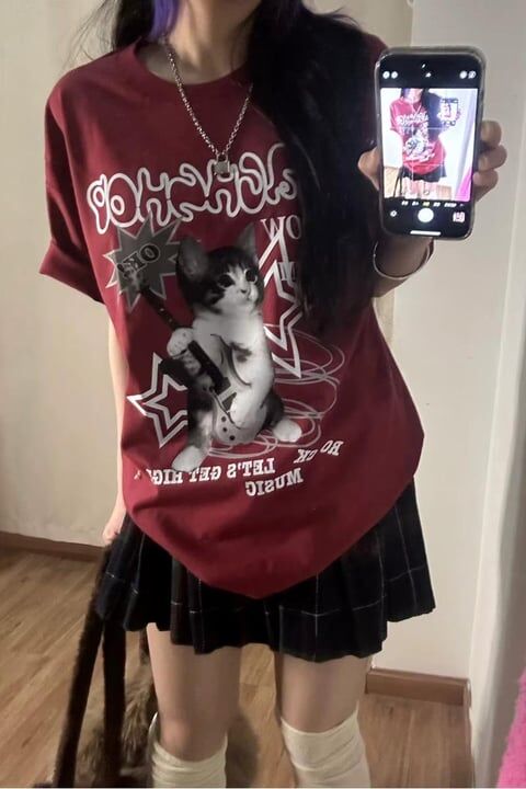 Bordo Playing Guitar Cat Unisex T-SHİRT