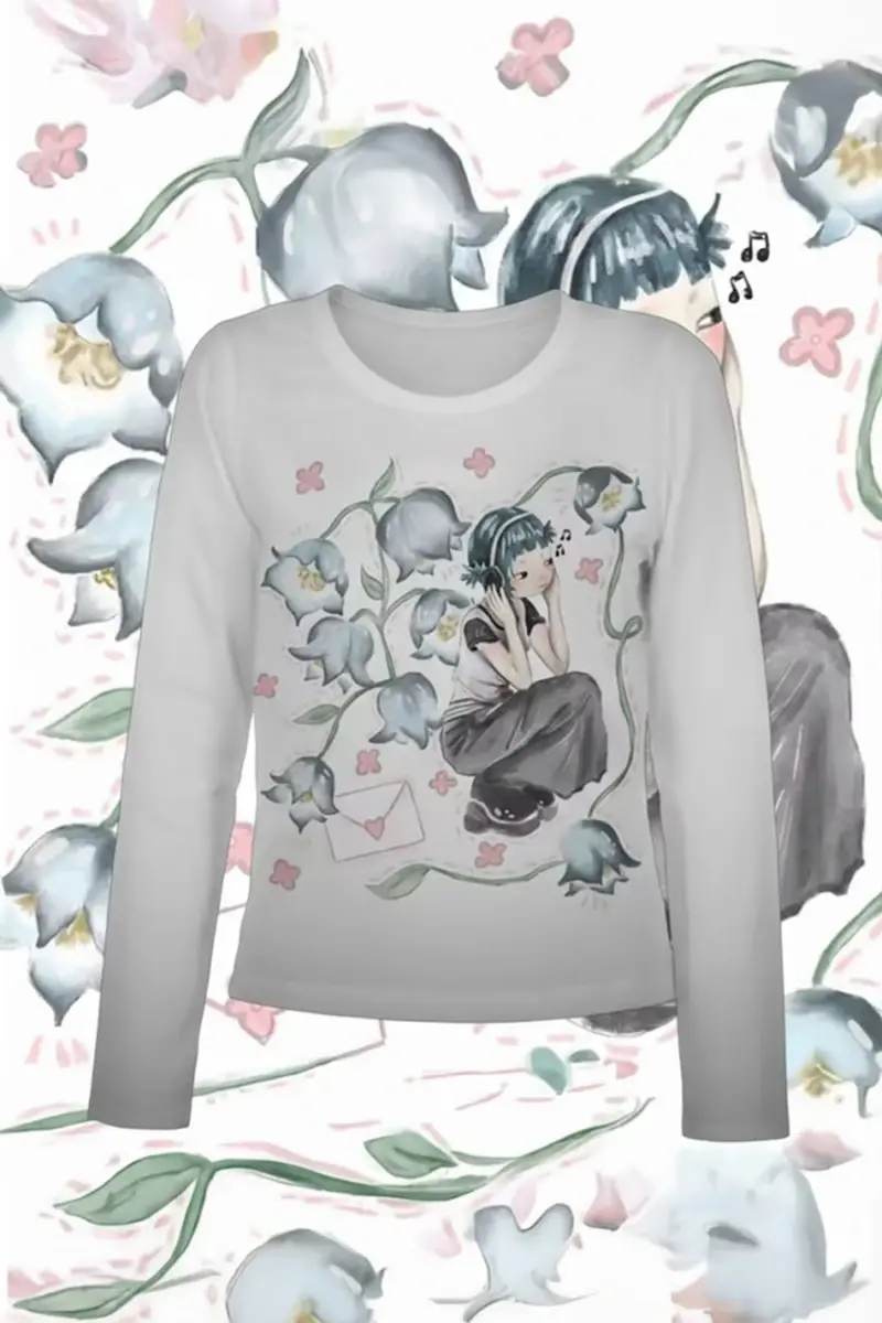 Beyaz Girl İn Flowers Gotik Grunge Y2K Uzun Kollu Crop
