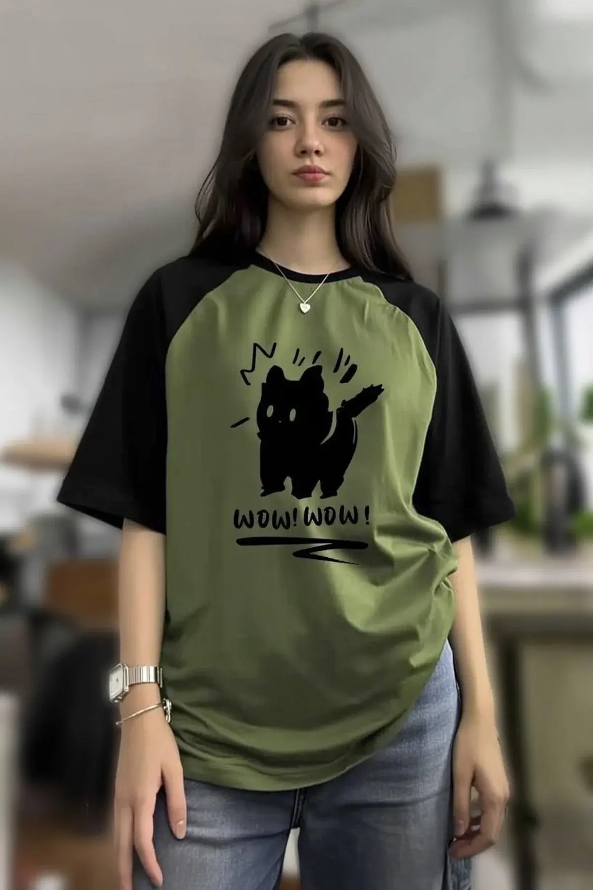 WOW Black Cat Haki Siyah Kısa Kollu Y2K Unisex T-SHİRT
