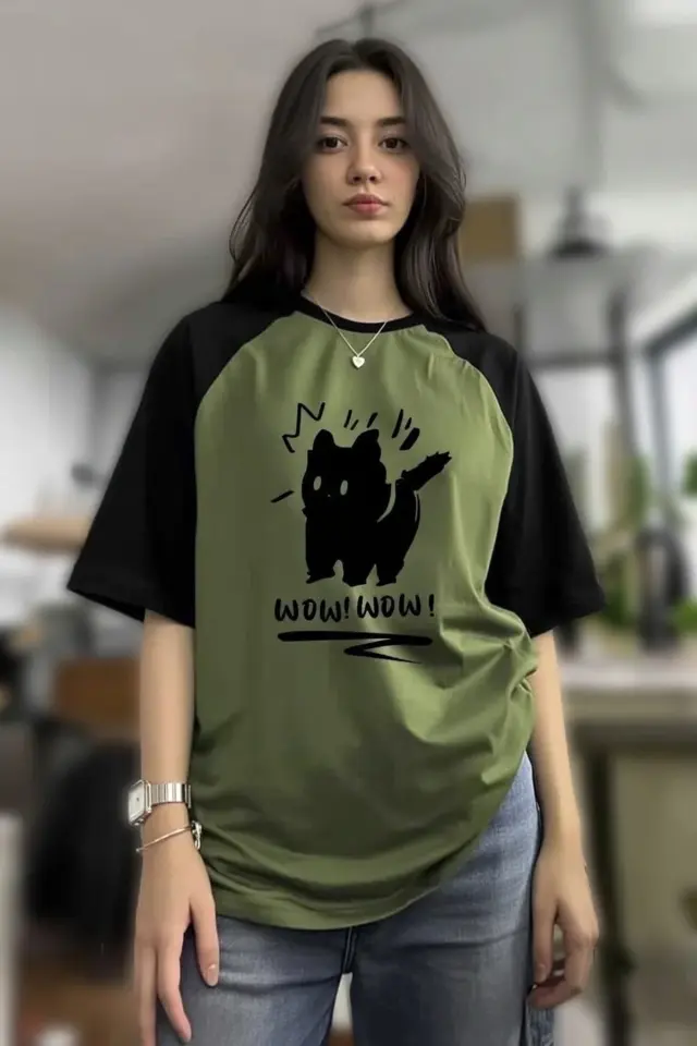 WOW Black Cat Haki Siyah Kısa Kollu Y2K Unisex T-SHİRT