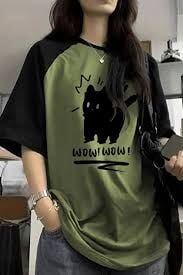 WOW Black Cat Haki Siyah Kısa Kollu Y2K Unisex T-SHİRT