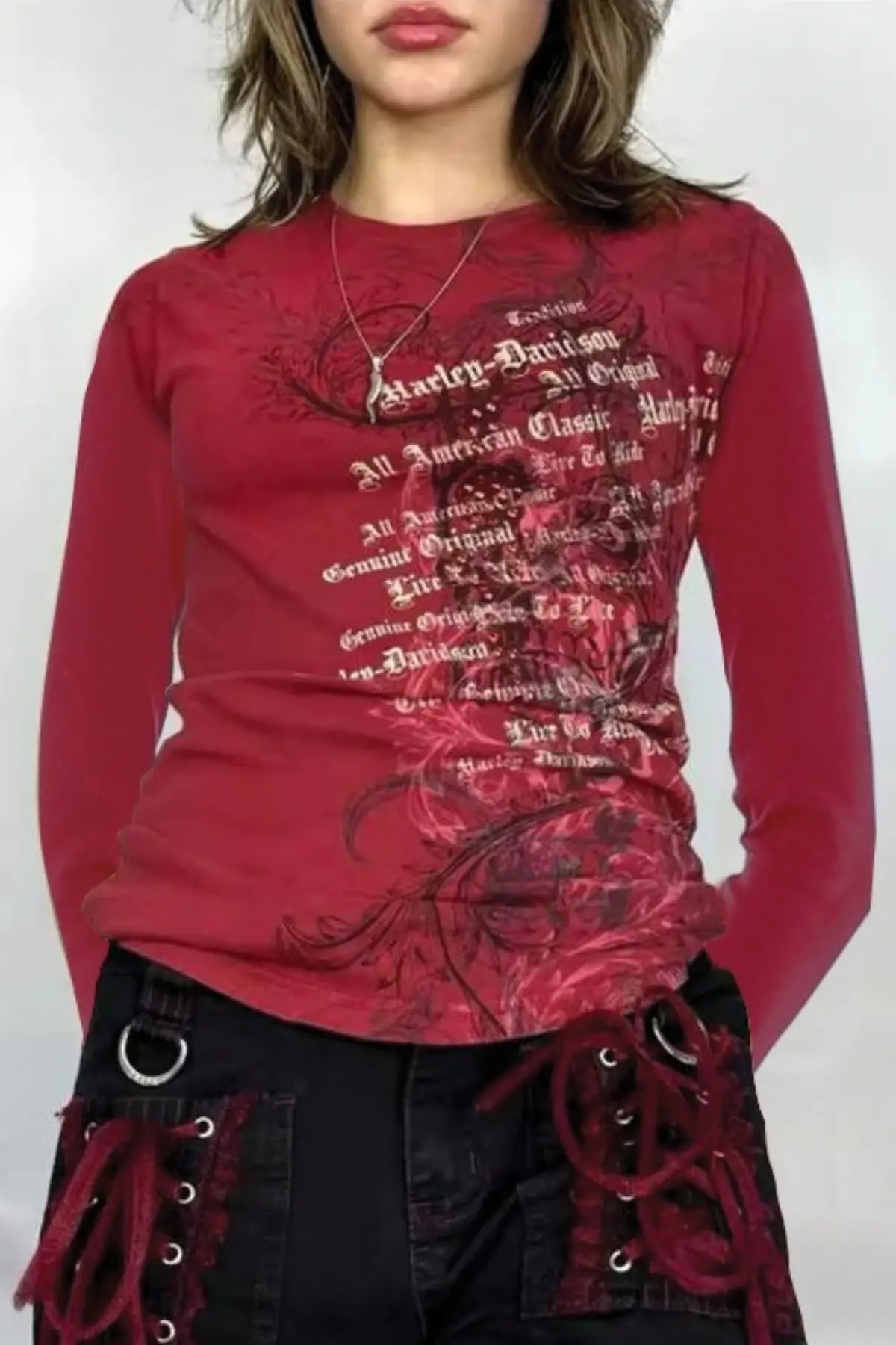 Kırmızı Skull Life Cyber Grunge Gotik Y2K Uzun Kollu Crop