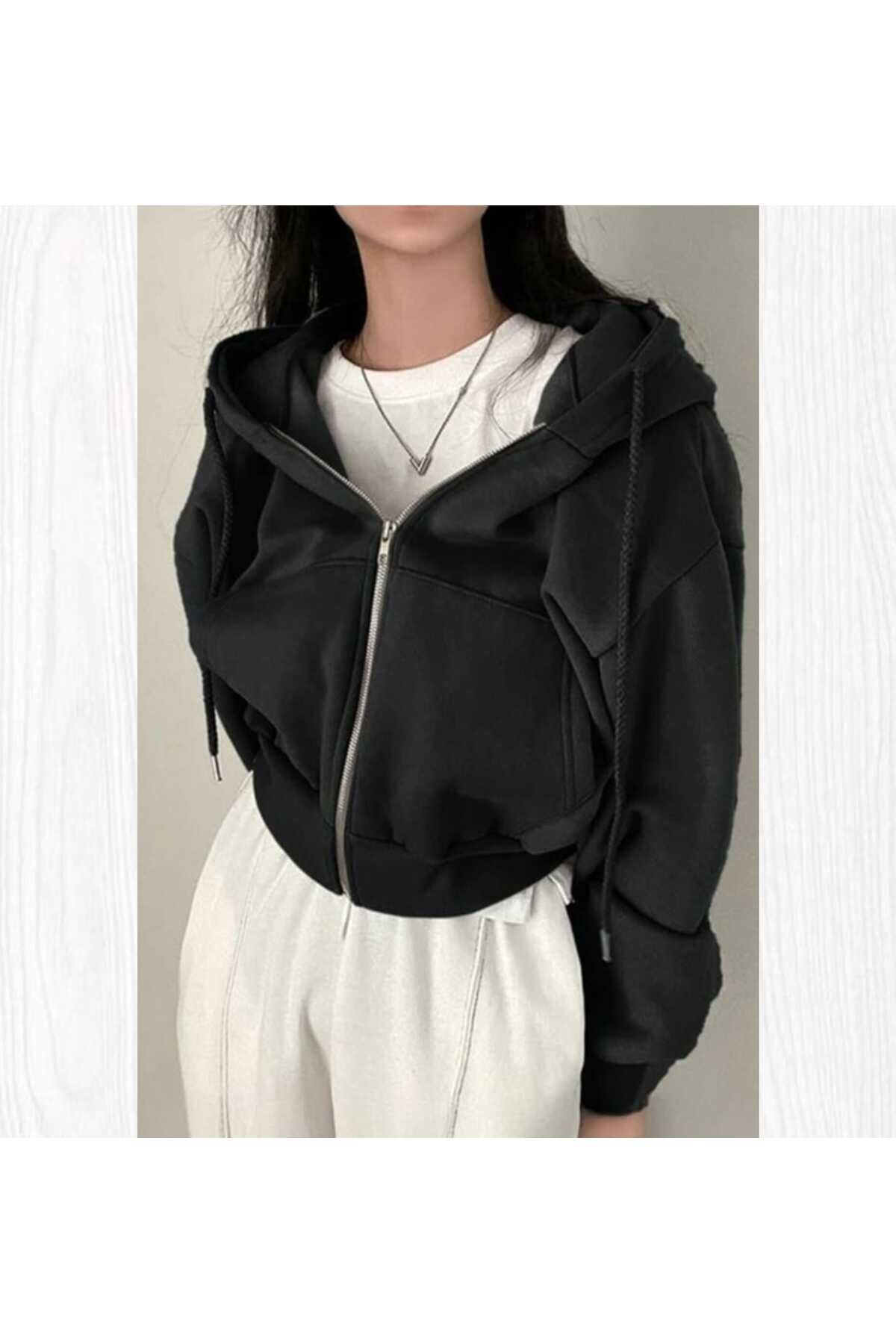 Crop Top Kalın Kumaş Kapüşonlu Crop Hırka Siyah - XL