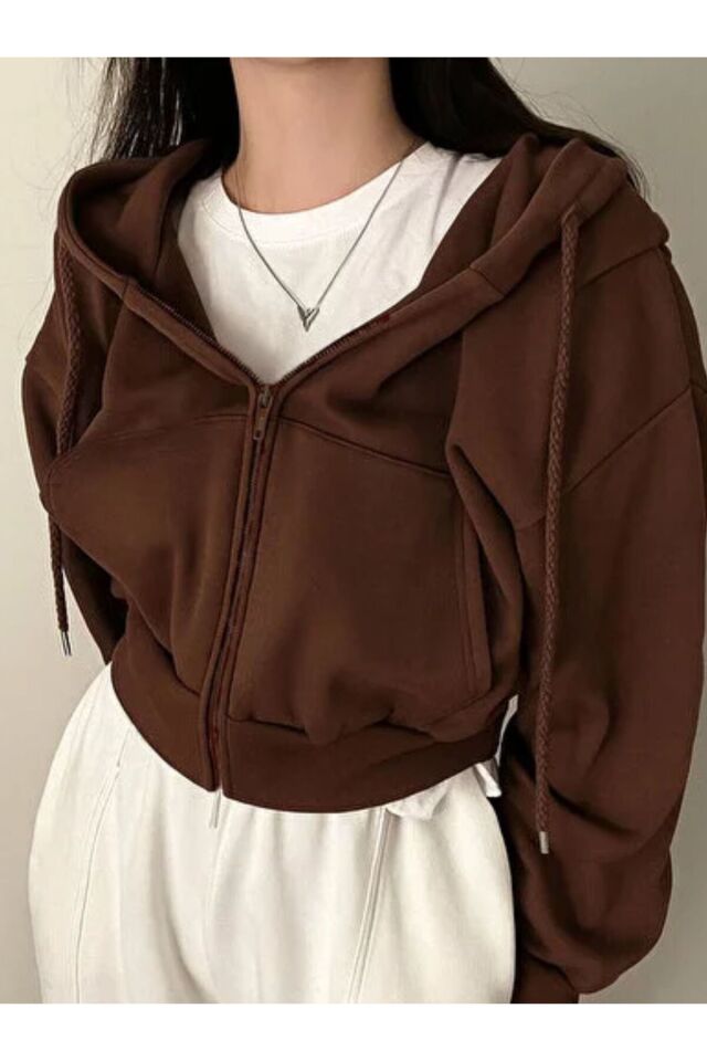Crop Top Kalın Kumaş Kapüşonlu Crop Hırka Siyah - L