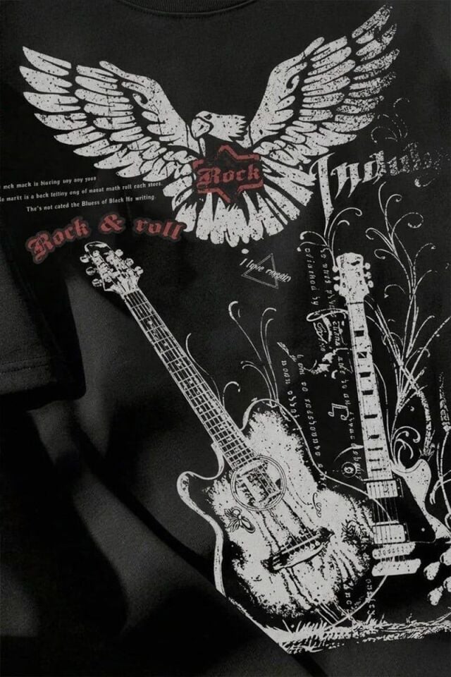 Siyah Rock Roll Guitar Y2K Unisex T-shirt