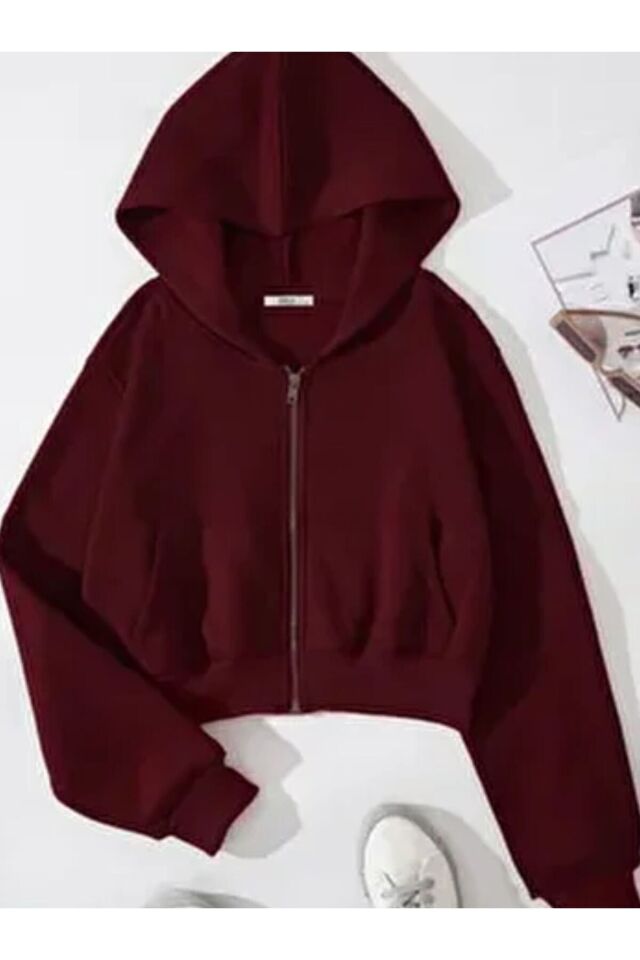Crop Top Kalın Kumaş Kapüşonlu Crop Hırka Kırmızı - XS