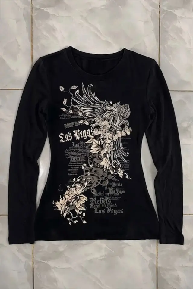 Siyah Las Vegas Rebels Grunge Y2K Uzun Kollu Crop