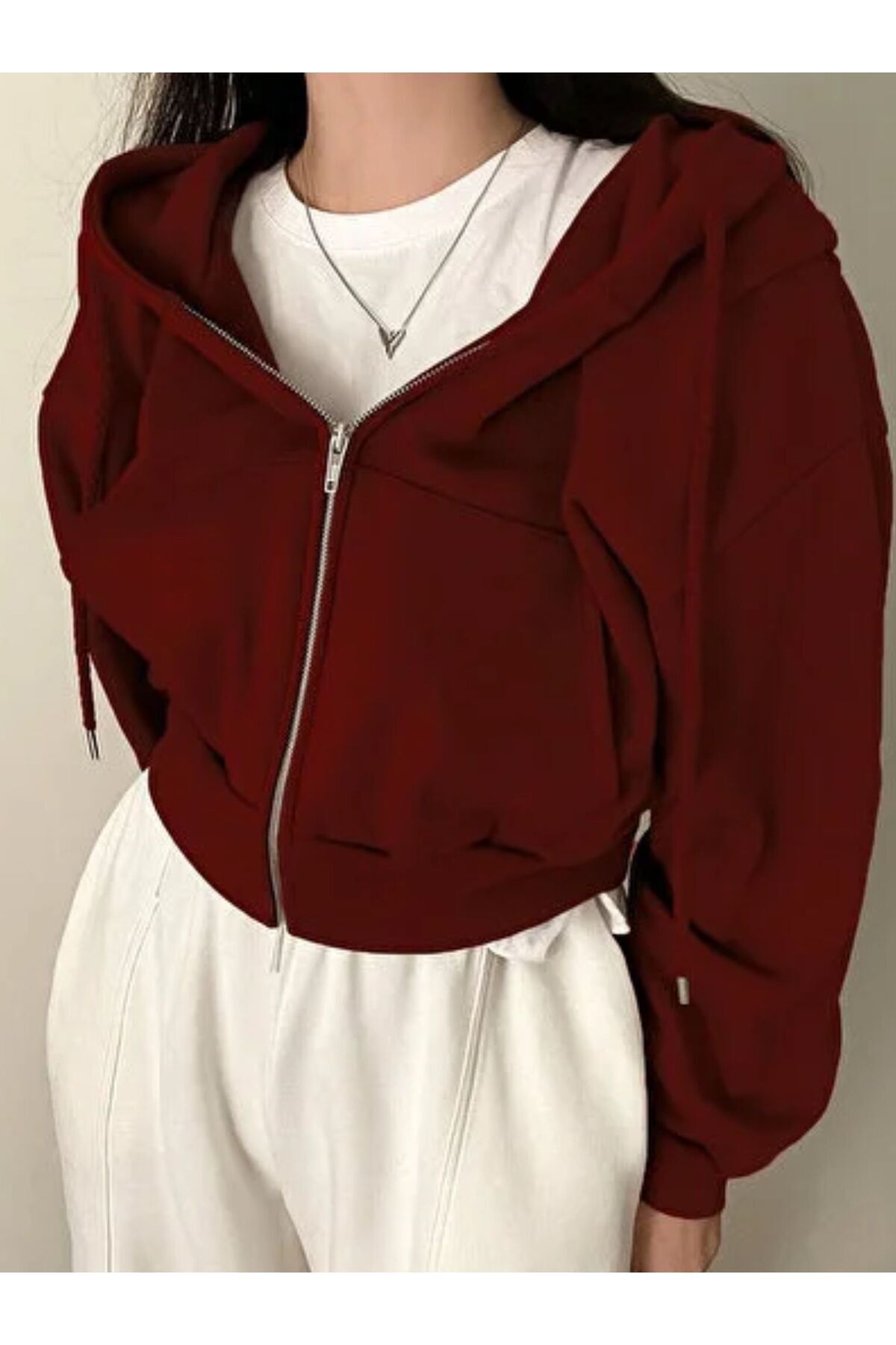 Crop Top Kalın Kumaş Kapüşonlu Crop Hırka Kırmızı - L