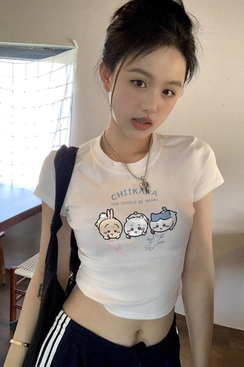 Beyaz Chiikawa ''You Should Be Happy'' Y2K Kısa Kollu Crop Bluz