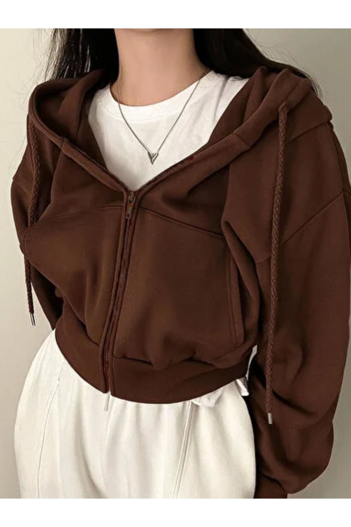 Crop Top Kalın Kumaş Kapüşonlu Crop Hırka Kahverengi - L