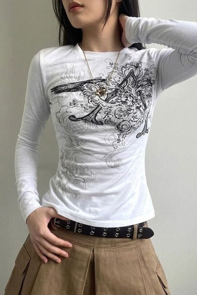 Beyaz Vintage Punk Patterned Harajuku Y2K Uzun Kollu Crop