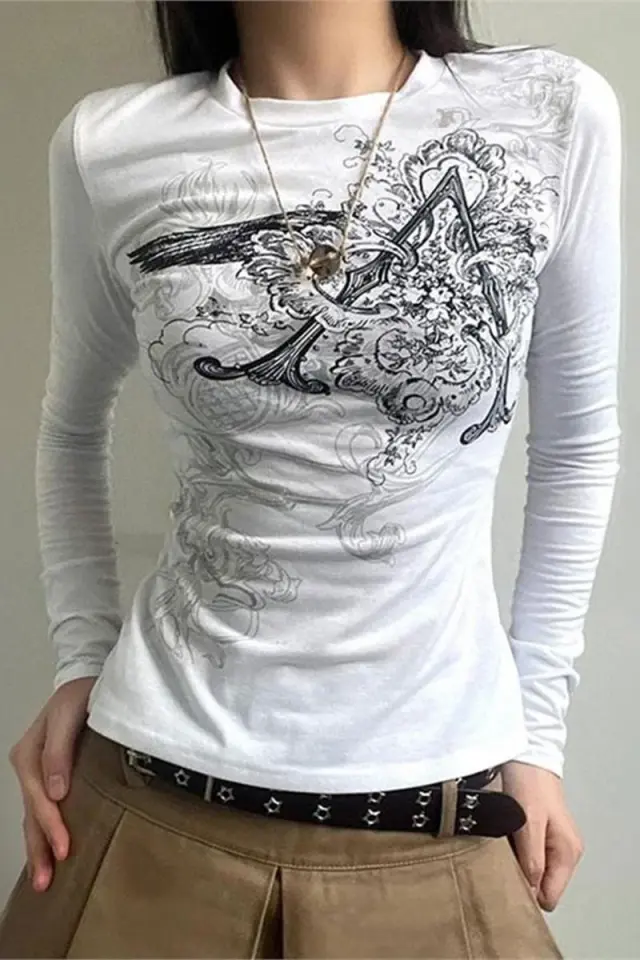 Beyaz Vintage Punk Patterned Harajuku Y2K Uzun Kollu Crop