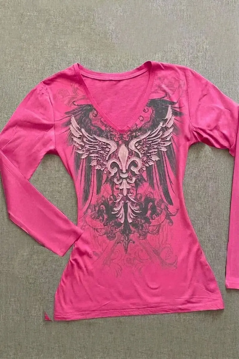 Pembe Gothic Wing Y2K Uzun Kollu Crop