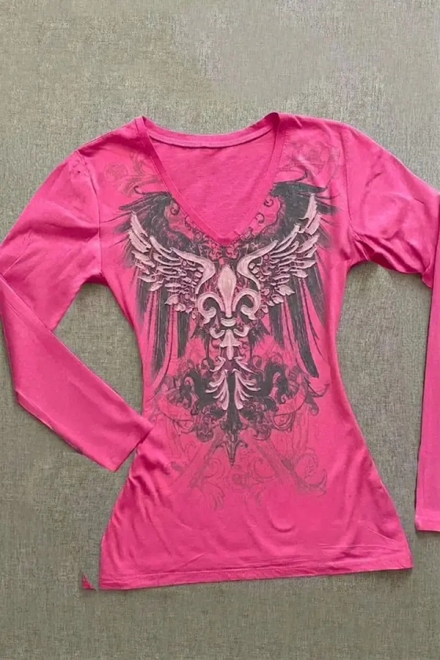 Pembe Gothic Wing Y2K Uzun Kollu Crop