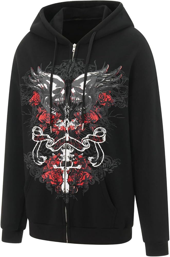 Harajuku Gothic Skull and Rose Siyah Fermuarlu Sweatshirt