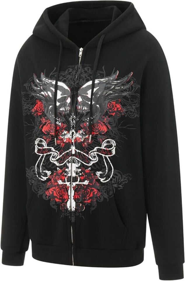 Harajuku Gothic Skull and Rose Siyah Fermuarlu Sweatshirt